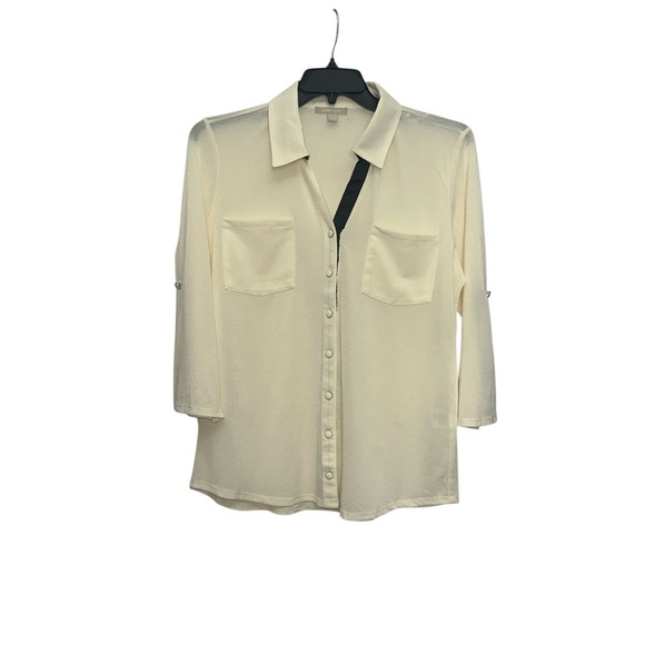 Sunny Leigh Button Front Mesh Blouse Size Large In Pearl White Roll Tab Sleeve - Picture 1 of 9
